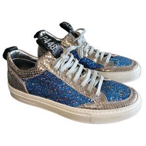 P448 Soho Blue Glitter Metallic Leather Sneakers Made In Italy Size 38